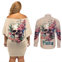 Fresh Out Of F Watercolor Skull Couples Matching Off Shoulder Short Dress and Long Sleeve Button Shirt - Wonder Print Shop