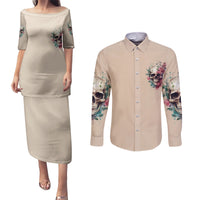 Fresh Out Of F Watercolor Skull Couples Matching Puletasi Dress and Long Sleeve Button Shirt - Wonder Print Shop