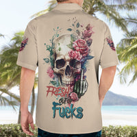 Beige button-up Hawaiian shirt with watercolor skull, roses, and slogan graphic on back