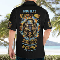 Black Hawaiian shirt with skull and gun back text graphic, short sleeves