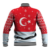 Turkey Christmas Baseball Jacket with Santa on Horse Red Snowflake Pattern and Crescent Star - Wonder Print Shop