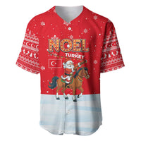 Turkey Christmas Baseball Jersey with Santa on Horse Red Snowflake Pattern and Crescent Star - Wonder Print Shop