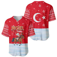 Turkey Christmas Baseball Jersey with Santa on Horse Red Snowflake Pattern and Crescent Star - Wonder Print Shop