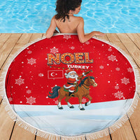 Turkey Christmas Beach Blanket with Santa on Horse Red Snowflake Pattern and Crescent Star - Wonder Print Shop