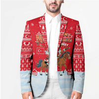 Turkey Christmas Blazer with Santa on Horse Red Snowflake Pattern and Crescent Star - Wonder Print Shop