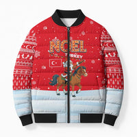 Turkey Christmas Bomber Puffer Jacket with Santa on Horse Red Snowflake Pattern and Crescent Star - Wonder Print Shop