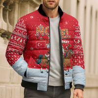 Turkey Christmas Bomber Puffer Jacket with Santa on Horse Red Snowflake Pattern and Crescent Star - Wonder Print Shop