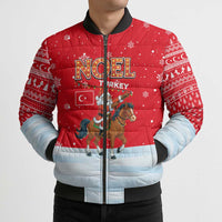 Turkey Christmas Bomber Puffer Jacket with Santa on Horse Red Snowflake Pattern and Crescent Star - Wonder Print Shop