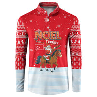 Turkey Christmas Button Sweatshirt with Santa on Horse Red Snowflake Pattern and Crescent Star - Wonder Print Shop