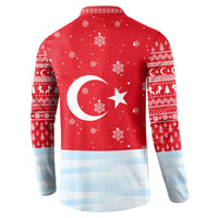 Turkey Christmas Button Sweatshirt with Santa on Horse Red Snowflake Pattern and Crescent Star - Wonder Print Shop