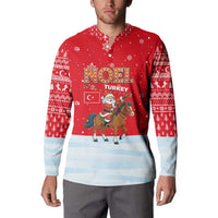 Turkey Christmas Button Sweatshirt with Santa on Horse Red Snowflake Pattern and Crescent Star - Wonder Print Shop