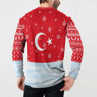 Turkey Christmas Button Sweatshirt with Santa on Horse Red Snowflake Pattern and Crescent Star - Wonder Print Shop