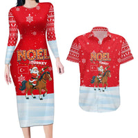 Turkey Christmas Couples Matching Long Sleeve Bodycon Dress and Hawaiian Shirt with Santa on Horse Red Snowflake Pattern and Crescent Star - Wonder Print Shop