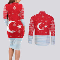 Turkey Christmas Couples Matching Long Sleeve Bodycon Dress and Long Sleeve Button Shirt with Santa on Horse Red Snowflake Pattern and Crescent Star - Wonder Print Shop