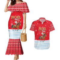 Turkey Christmas Couples Matching Mermaid Dress and Hawaiian Shirt with Santa on Horse Red Snowflake Pattern and Crescent Star - Wonder Print Shop