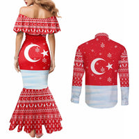 Turkey Christmas Couples Matching Mermaid Dress and Long Sleeve Button Shirt with Santa on Horse Red Snowflake Pattern and Crescent Star - Wonder Print Shop