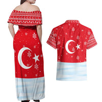 Turkey Christmas Couples Matching Off Shoulder Maxi Dress and Hawaiian Shirt with Santa on Horse Red Snowflake Pattern and Crescent Star - Wonder Print Shop