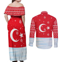 Turkey Christmas Couples Matching Off Shoulder Maxi Dress and Long Sleeve Button Shirt with Santa on Horse Red Snowflake Pattern and Crescent Star - Wonder Print Shop