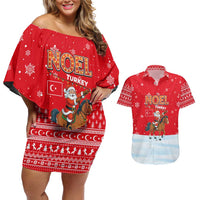 Turkey Christmas Couples Matching Off Shoulder Short Dress and Hawaiian Shirt with Santa on Horse Red Snowflake Pattern and Crescent Star - Wonder Print Shop
