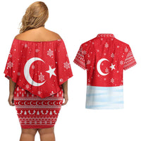 Turkey Christmas Couples Matching Off Shoulder Short Dress and Hawaiian Shirt with Santa on Horse Red Snowflake Pattern and Crescent Star - Wonder Print Shop