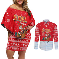 Turkey Christmas Couples Matching Off Shoulder Short Dress and Long Sleeve Button Shirt with Santa on Horse Red Snowflake Pattern and Crescent Star - Wonder Print Shop