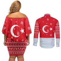 Turkey Christmas Couples Matching Off Shoulder Short Dress and Long Sleeve Button Shirt with Santa on Horse Red Snowflake Pattern and Crescent Star - Wonder Print Shop