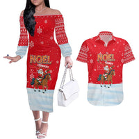 Turkey Christmas Couples Matching Off The Shoulder Long Sleeve Dress and Hawaiian Shirt with Santa on Horse Red Snowflake Pattern and Crescent Star - Wonder Print Shop