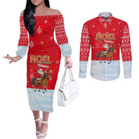 Turkey Christmas Couples Matching Off The Shoulder Long Sleeve Dress and Long Sleeve Button Shirt with Santa on Horse Red Snowflake Pattern and Crescent Star - Wonder Print Shop