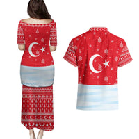 Turkey Christmas Couples Matching Puletasi and Hawaiian Shirt with Santa on Horse Red Snowflake Pattern and Crescent Star - Wonder Print Shop