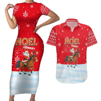 Turkey Christmas Couples Matching Short Sleeve Bodycon Dress and Hawaiian Shirt with Santa on Horse Red Snowflake Pattern and Crescent Star - Wonder Print Shop