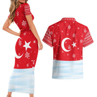 Turkey Christmas Couples Matching Short Sleeve Bodycon Dress and Hawaiian Shirt with Santa on Horse Red Snowflake Pattern and Crescent Star - Wonder Print Shop