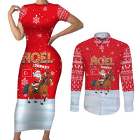 Turkey Christmas Couples Matching Short Sleeve Bodycon Dress and Long Sleeve Button Shirt with Santa on Horse Red Snowflake Pattern and Crescent Star - Wonder Print Shop