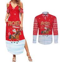 Turkey Christmas Couples Matching Summer Maxi Dress and Long Sleeve Button Shirt with Santa on Horse Red Snowflake Pattern and Crescent Star - Wonder Print Shop