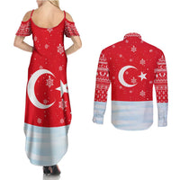 Turkey Christmas Couples Matching Summer Maxi Dress and Long Sleeve Button Shirt with Santa on Horse Red Snowflake Pattern and Crescent Star - Wonder Print Shop