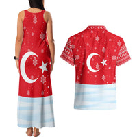 Turkey Christmas Couples Matching Tank Maxi Dress and Hawaiian Shirt with Santa on Horse Red Snowflake Pattern and Crescent Star - Wonder Print Shop