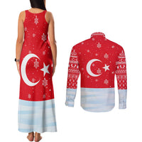 Turkey Christmas Couples Matching Tank Maxi Dress and Long Sleeve Button Shirt with Santa on Horse Red Snowflake Pattern and Crescent Star - Wonder Print Shop