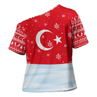 Turkey Christmas Cross Shoulder Shirt with Santa on Horse Red Snowflake Pattern and Crescent Star - Wonder Print Shop