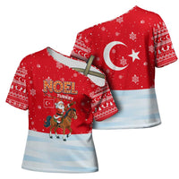 Turkey Christmas Cross Shoulder Shirt with Santa on Horse Red Snowflake Pattern and Crescent Star - Wonder Print Shop