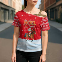 Turkey Christmas Cross Shoulder Shirt with Santa on Horse Red Snowflake Pattern and Crescent Star - Wonder Print Shop