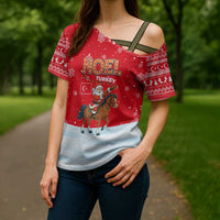 Turkey Christmas Cross Shoulder Shirt with Santa on Horse Red Snowflake Pattern and Crescent Star - Wonder Print Shop