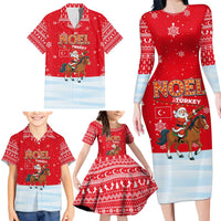 Turkey Christmas Family Matching Long Sleeve Bodycon Dress and Hawaiian Shirt with Santa on Horse Red Snowflake Pattern and Crescent Star - Wonder Print Shop