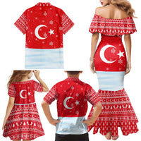 Turkey Christmas Family Matching Mermaid Dress and Hawaiian Shirt with Santa on Horse Red Snowflake Pattern and Crescent Star - Wonder Print Shop