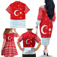 Turkey Christmas Family Matching Off The Shoulder Long Sleeve Dress and Hawaiian Shirt with Santa on Horse Red Snowflake Pattern and Crescent Star - Wonder Print Shop