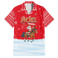 Turkey Christmas Family Matching Off The Shoulder Long Sleeve Dress and Hawaiian Shirt with Santa on Horse Red Snowflake Pattern and Crescent Star - Wonder Print Shop