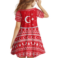 Turkey Christmas Family Matching Off Shoulder Short Dress and Hawaiian Shirt with Santa on Horse Red Snowflake Pattern and Crescent Star - Wonder Print Shop