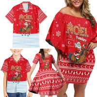 Turkey Christmas Family Matching Off Shoulder Short Dress and Hawaiian Shirt with Santa on Horse Red Snowflake Pattern and Crescent Star - Wonder Print Shop