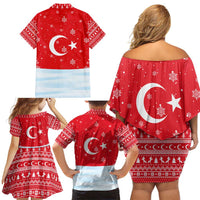 Turkey Christmas Family Matching Off Shoulder Short Dress and Hawaiian Shirt with Santa on Horse Red Snowflake Pattern and Crescent Star - Wonder Print Shop