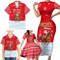 Turkey Christmas Family Matching Short Sleeve Bodycon Dress and Hawaiian Shirt with Santa on Horse Red Snowflake Pattern and Crescent Star - Wonder Print Shop
