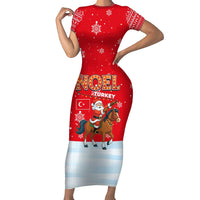 Turkey Christmas Family Matching Short Sleeve Bodycon Dress and Hawaiian Shirt with Santa on Horse Red Snowflake Pattern and Crescent Star - Wonder Print Shop