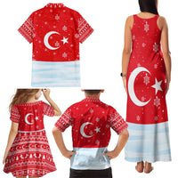 Turkey Christmas Family Matching Tank Maxi Dress and Hawaiian Shirt with Santa on Horse Red Snowflake Pattern and Crescent Star - Wonder Print Shop